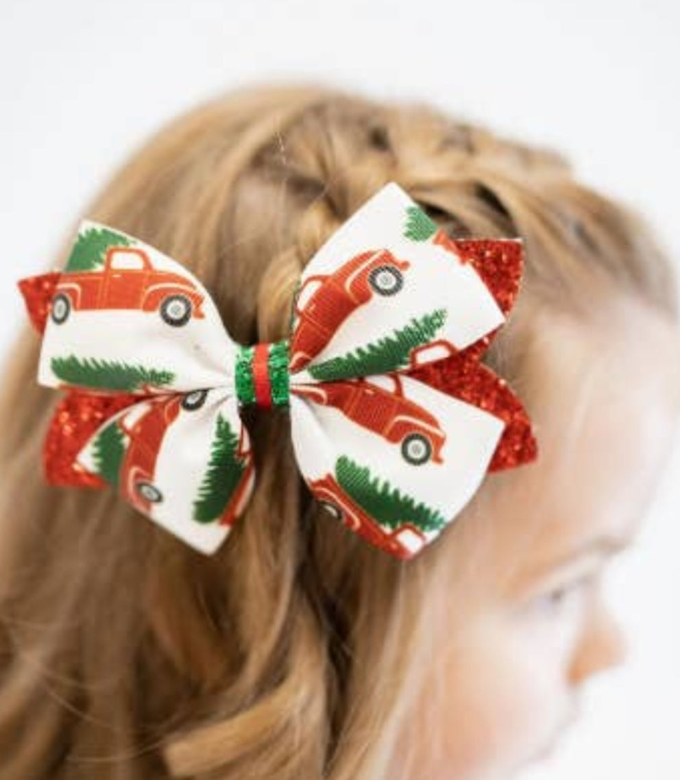 Merry Christmas Trucks and Trees Glitter Bow